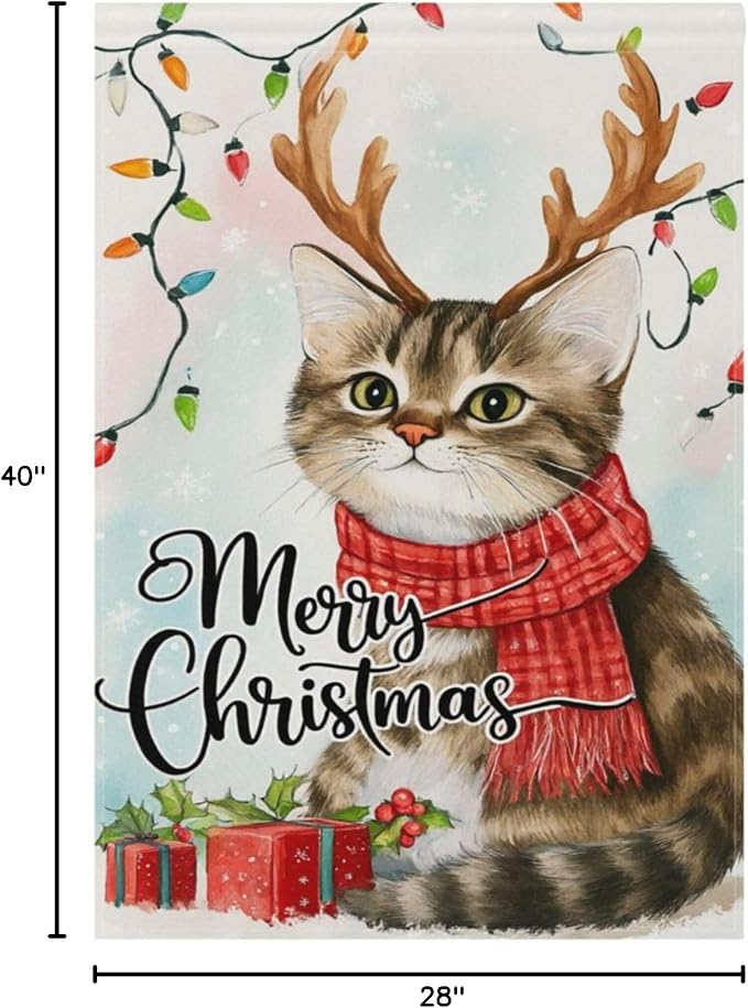 Merry Christmas Cat House Flag 28x40 Inch Double Sided Outside Xmas Reindeer Kitty Winter Seasonal Yard Outdoor Flag Banner for Garden Lawn Patio Holiday Decorations