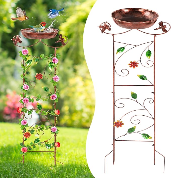 Metal Bird Bath for Outside 40.5" Garden Trellis BirdBath with Hummingbird Decor Small Garden Plant Support Freestanding BirdBath Birdfeeder for Yard, Patio, Garden Decor