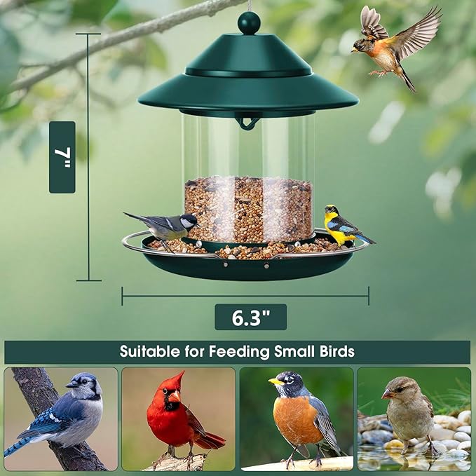 Bird Feeder, Hanging Metal Bird Feeders for Outdoors with 2LB Clear Tube Seed Capacity for Viewing Cardinal Finch, Chew Proof Wild BirdFeeders for Outside Garden Yard Decoration