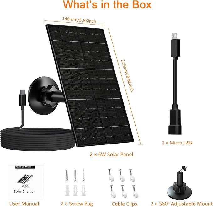 FUTUREZEN 6W Solar Panel for Security Camera Outdoor, 5V USB/USB-C Solar Charger Compatible with Rechargeable Battery Cameras, IP66 Waterproof, 360° Adjustable Mount, 9.8ft Cable (2 Pack, Black)