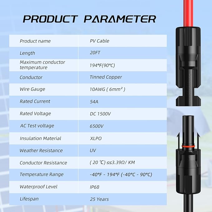 20FT 10AWG Solar Panel Extension Cable, Bateria Power 6mm² Solar Extension Cable Wire with Female & Male Waterproof Connectors for RV, Photovoltaic Systems, Set of 2