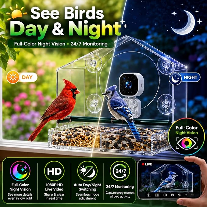 VicoHome X22 Bird Feeder Camera with Smart Window - Clear Acrylic, Outdoor Birdhouse Cam, Full-Color Night Vision, AI Bird Recognition, Motion Alerts, App Control, IP65 Waterproof