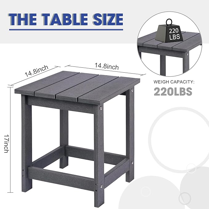 LZRS Square Patio Side Table, Heavy Duty HDPE Outdoor End Table with Wood Texture, Weatherproof Composite Table for Adirondack Chairs, Deck, Pool, Indoor/Outdoor, No Peeling or Cracking(Grey)