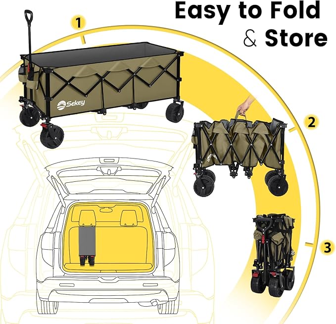 Sekey 48''L Collapsible Foldable Extended Wagon with 660lbs Weight Capacity, Heavy Duty 300L Folding Utility Garden Cart with Big All-Terrain Beach Wheels & Drink Holders. Khaki