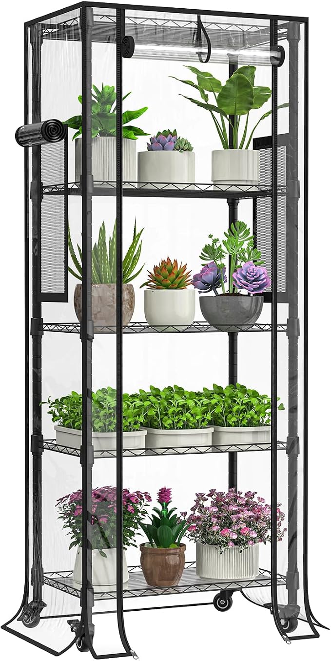 5-Tier Greenhouse for Indoor , 23.2" L×13.4" W×61.4" H | Portable Greenhouse with Wheels，Clear PVC Cover and Metal Shelf，for Growing Flowers and Seedlings