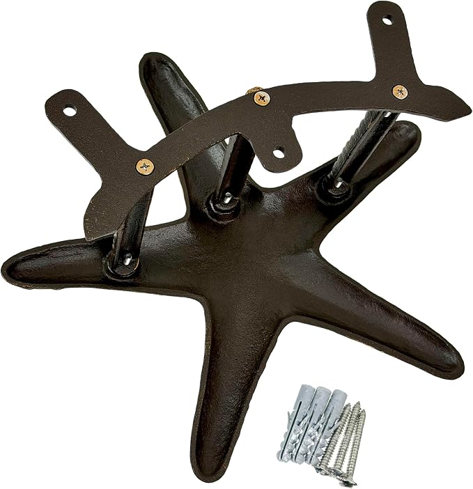 Zeckos 12 Inch Cast Iron Starfish Garden Hose Holder, Bronze Coastal Wall Mounted Hose Hanger with Matching Hardware for Outdoor Yard, Beach House, Garden or Patio Decor