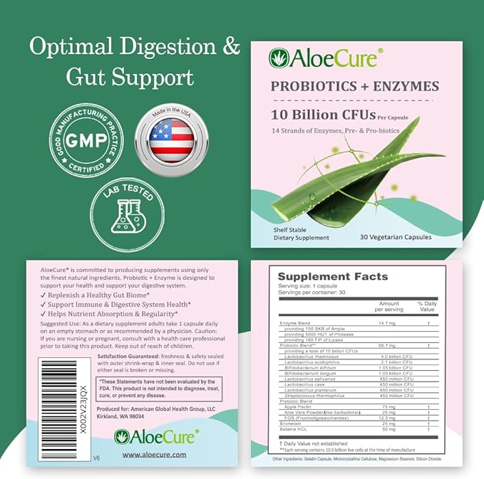 AloeCure Daily Probiotics 10 Billion CFU for Digestive Support 8 Strains, 6 Prebiotics & Enzymes - Digestive Supplement with Bromelain for Women & Men - Gut Support, Digestive Relief, 30 Caps x 2btls