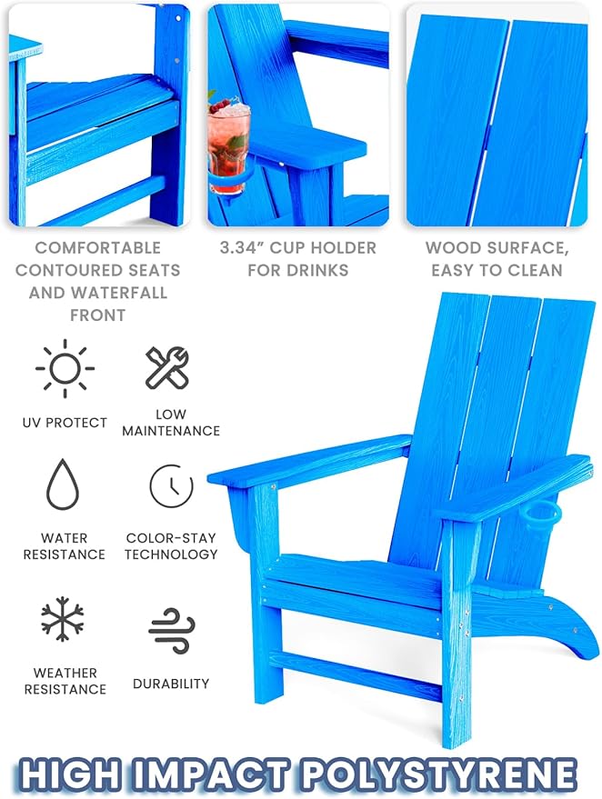 Modern Adirondack Chair with Cup Holder, HDPE Plastic Patio Chairs for All Weather, Fire Pit Chair, Outdoor Lawn Chairs for Deck, Porch, Backyard, Garden, Royal Blue