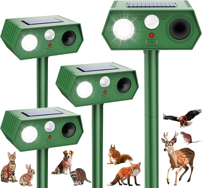 4 Pack 2026 Upgraded Solar Ultrasonic Animal Repellent Outdoor, Deer Repellent Devices Waterproof, Motion Activated Cat Repellent Outdoor, Squirrel Raccoon Skunk Rabbit Dog Bird Deterrents for Yard