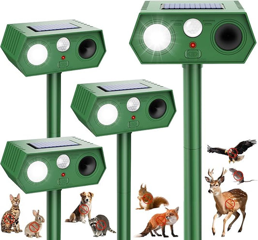 4 Pack 2026 Upgraded Solar Ultrasonic Animal Repellent Outdoor, Deer Repellent Devices Waterproof, Motion Activated Cat Repellent Outdoor, Squirrel Raccoon Skunk Rabbit Dog Bird Deterrents for Yard