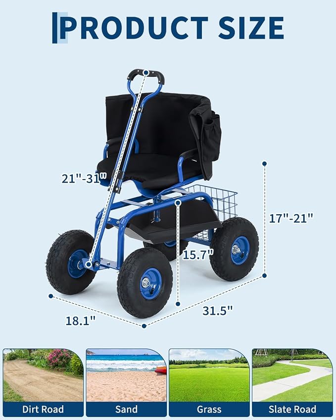 Rolling Garden Work Seat with Wheels, 360° Swivel Seat Gardening Cart with Extendable Steering Handle, Tool Tray and Storage Basket, 300 lbs Capacity, Gardening Stools for Patio, Yard, and Outdoors