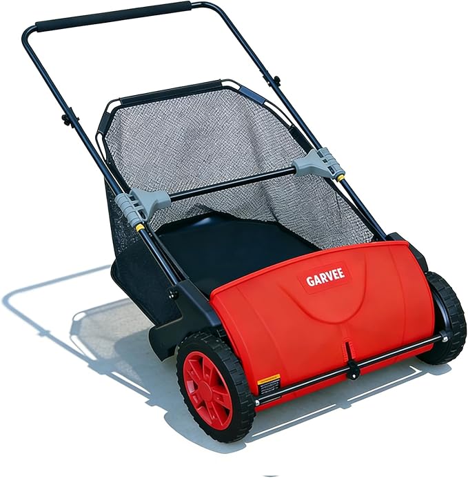 Garvee Push Lawn Sweeper 21-Inch Manual, Leaf Sweeper for Yard & Lawn with 3.5 Cu. Ft. Hopper Bag, Height-Adjustable Brushes for Driveways & Grass, Space-Saving Foldable Design