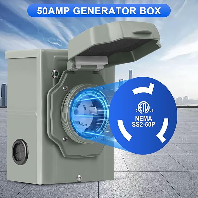 50 Amp Generator Inlet Box, NEMA SS2-50 Pre-Drilled Power Inlet Box for 3 Prong Generator Cord, 125/250V, 12500Watts Inlet Box with LED Power Indicator for Weatherproof Outdoor Use, ETL Listed
