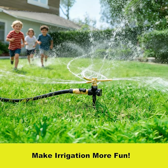 FANHAO 2 Pack Metal Lawn Sprinklers with Spike Base, Heavy Duty Automatic Rotary Garden Sprinkler System, 3-Arm Water Sprinkler 360 Degree Large Area Coverage for Plant, Flower Bed and Patio