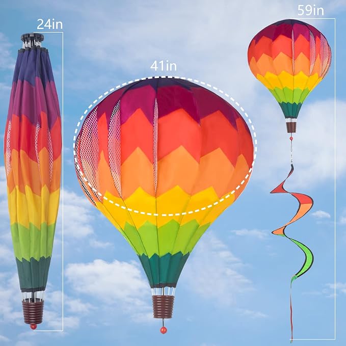 2Pack Multicolor Hot Air Balloon Rainbow Wind Spinner Garden Decor, 59" H x 12" W, Nylon, UV & Weather Resistant, Fully Collapsible