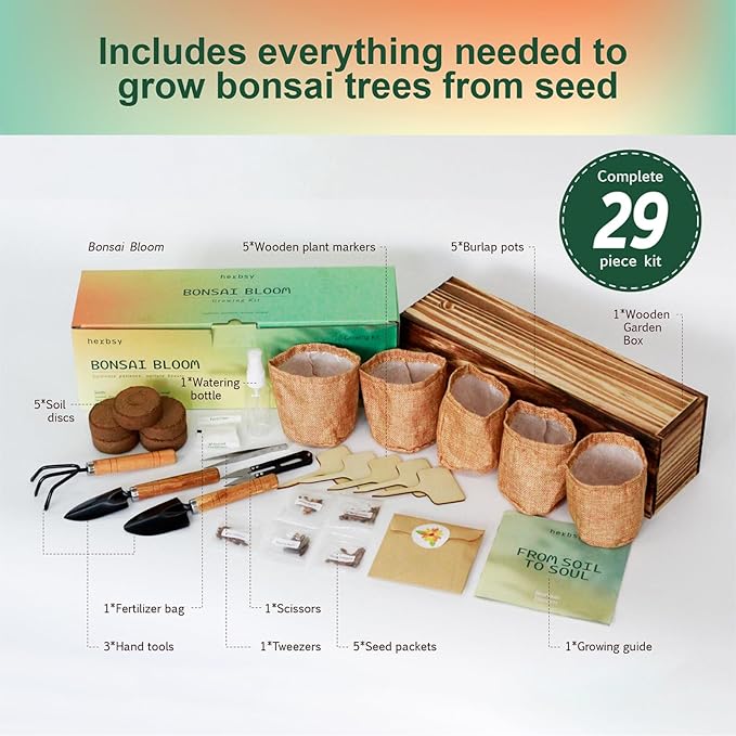5 Pack Bonsai Tree Kit with Complete Tools, 5X Unique Seeds Bonzai Tree Kits, Indoor Bonsai Starter Kit with Wooden Box, Perfect Christmas Garden Gift for Mom, Men, Women, Plant Lover