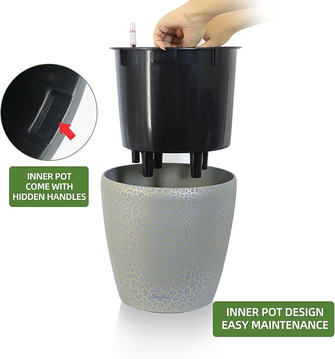 Dexceder 11x10 Self Watering Planter (Grey Gold Crackle) | Inner Pot Design, Thickened Table Flower Plant Pot with Water Level Indicator Indoor Outdoor