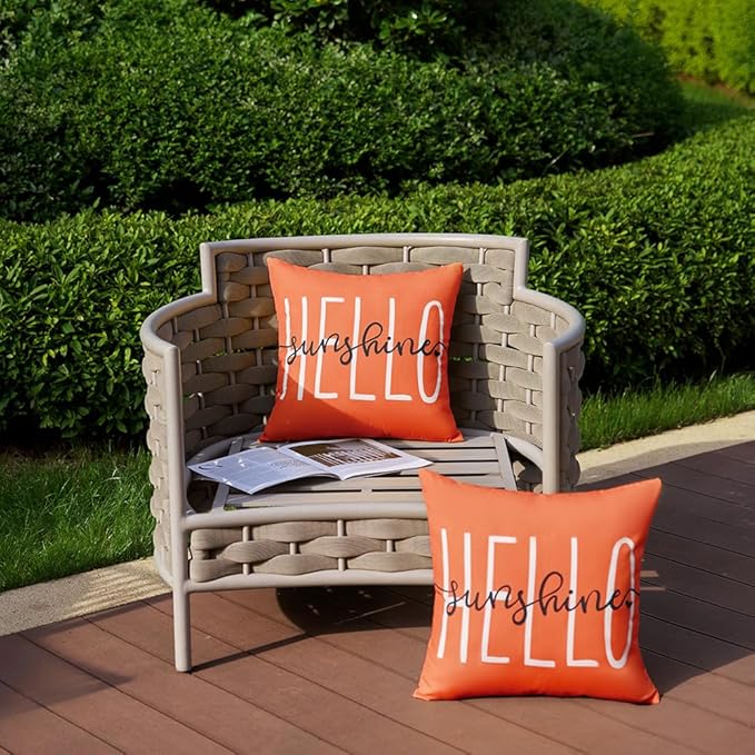 DFXSZ Outdoor Pillow Covers 20x20 Inch Set of 2 Hello Sunshine Decor Dirty Orange Waterproof Throw Pillow Covers Summer Outdoor Pillow Covers Decor for Patio Funiture Garden Sofa Couch 020J20