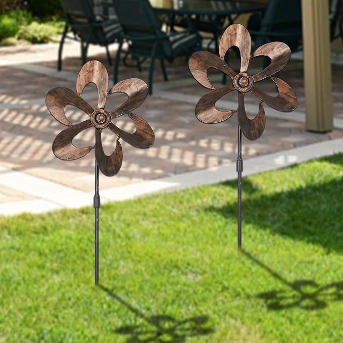 Aoutrow 3 Pack Wind Spinners with Metal Stake, 16.3 Inches Outdoor Wind Catcher Garden Sculptures Bronze Metal Windmill for Spring Garden Yard Lawn Patio Decoration