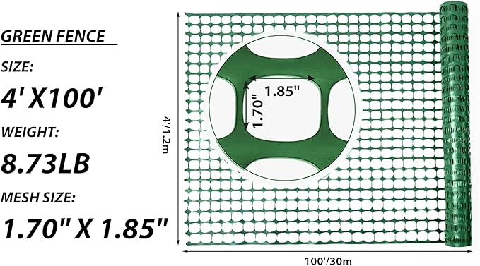 PotatoLife Plastic Mesh Fence Safety Fence, 4'x100' Roll with 100 Zip Ties, Resuable Temporary Netting for Garden Fencing, Construction, Snow Fencing, Animal Barrier, Poultry, Deer, Patio, Green