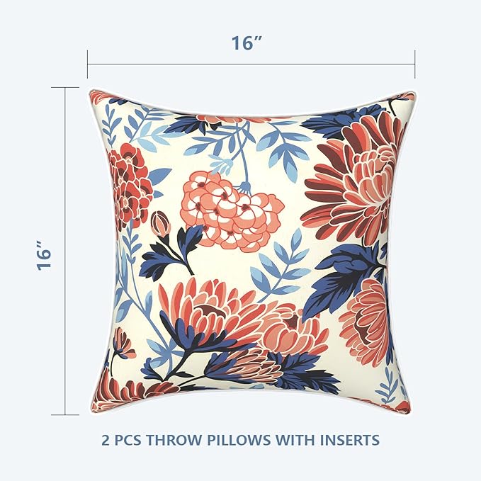 LVTXIII Set of 2 Patio Throw Pillows Waterproof 16"x16" Fade Resistant Outdoor Throw Pillows with Inserts, Fluffy Garden Toss Pillow Cushions for Patio Sofa Use,Red Chrysanthemum