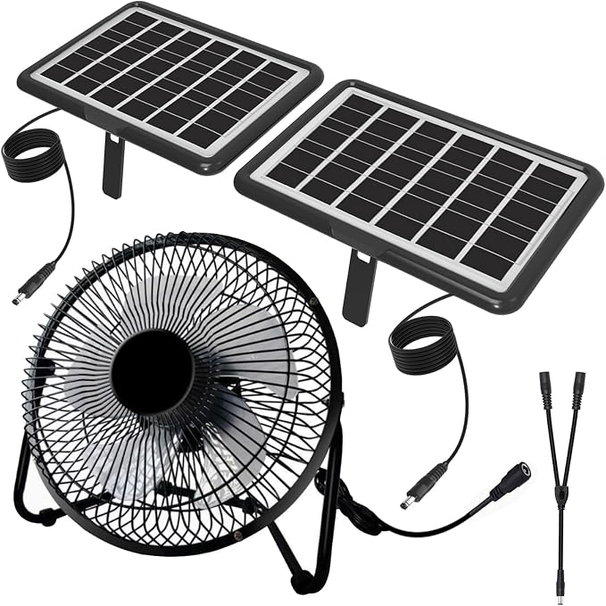 Solar Powered Fan, 8 Inch Install-Free with 25W Dual Solar Panels, Cloudy Days Working Solar Fan for Air Circulation and Cooling in Greenhouse, Chicken Coop, Pet House, Attic, 14ft Long Cable