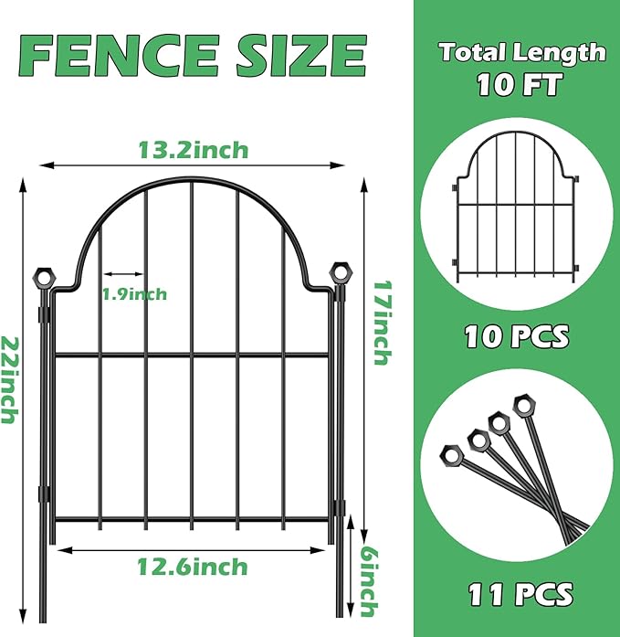 Blingluck Garden Fence, 22 in(H) x 10.83 ft(L) Arched Rustproof Metal No Dig Fence Garden Fence Border, Ground Stake Animal Barrier Fence for Rabbit Dog, Outdoor Decor for Yard & Patio