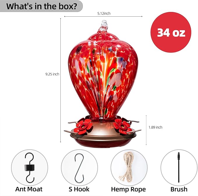 Gifts for Mom 34OZ Hand Blown Glass Hummingbird Feeders for Outdoors Hanging, with Ant Moat Humming Bird Feeders, Porch Backyard Decor Gifts for Women (Floral Balloon) | LaElvish Garden Gifts for Mom 34OZ Hand Blown Glass Hummingbird Feeders for Outdoo...