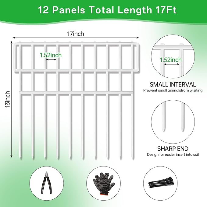 17ft(L) X 13in(H) Animal Barrier Fence, 12 Panels No Dig Fence for Dogs, 1.52IN Gap Anti Digging Dog Barrier, Rustproof Metal Garden Edging Border Defense for Outdoor, Yard, Lawn, White