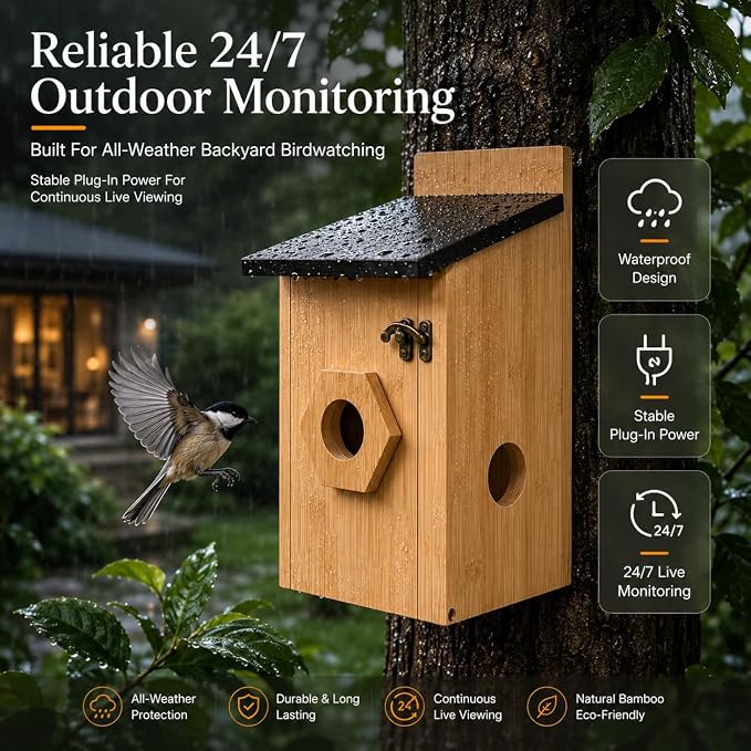 Smart Bird House with Camera, Bamboo Wooden Birdhouse for Outdoor Bird Watching, App Live View, Color Night Vision, Motion Detection, Waterproof Bird Nesting Box