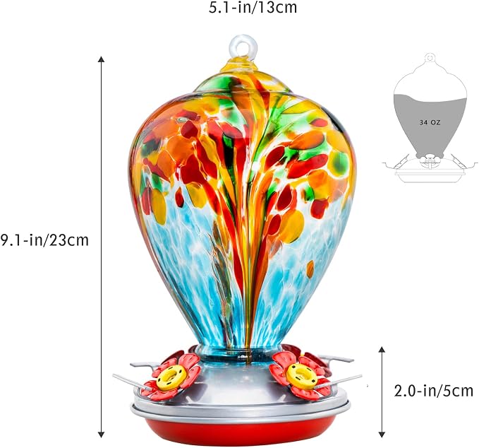 Hummingbird Feeder, 34OZ Hand Blown Glass Hummingbird Feeders for Outdoors Hanging, 4 Feeding Perch with Ant Moat Leakproof, Garden Yard Decor Gifts for Women Mom (Holiday Balloon) | LaElvish Garden Hummingbird Feeder, 34OZ Hand Blown Glass Hummingbird...