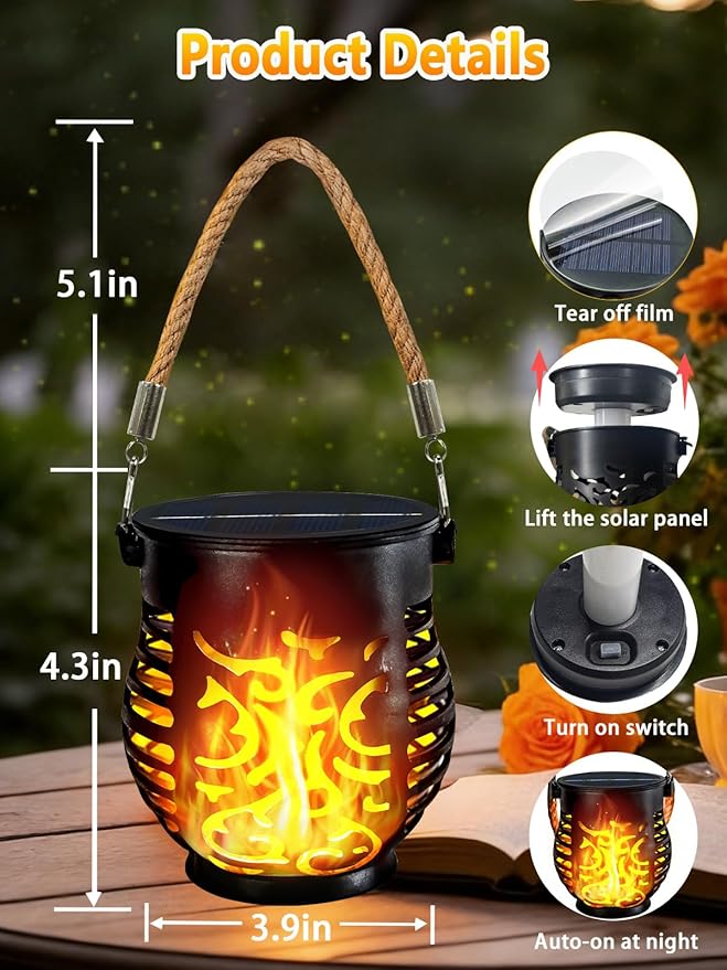 6 Pack Solar Lights Outdoor Waterproof, Solar Lantern with Realistic Flickering Flame, Auto On/Off Solar Powered Garden Light with Hemp Rope Handle for Outside Tree Patio Porch Camp Tabletop Decor
