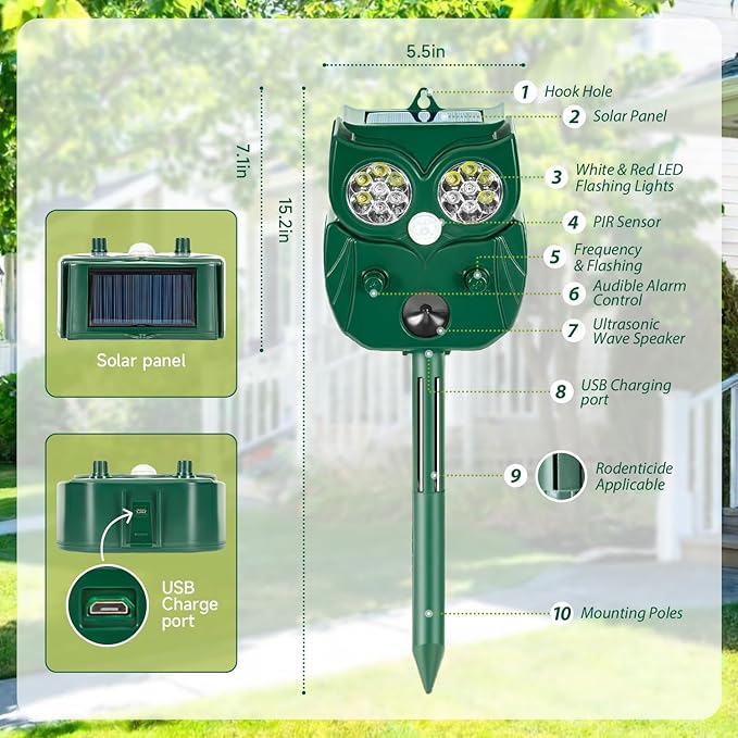 2026 New Owl Shaped Solar Animal Repellent with Motion Sensor Triper Repellent System-Ultrasonic, Flashing LED, Sound- Safe Outdoor Pet Control for Garden, Yard, Lawn, Patio, Home Perimeter