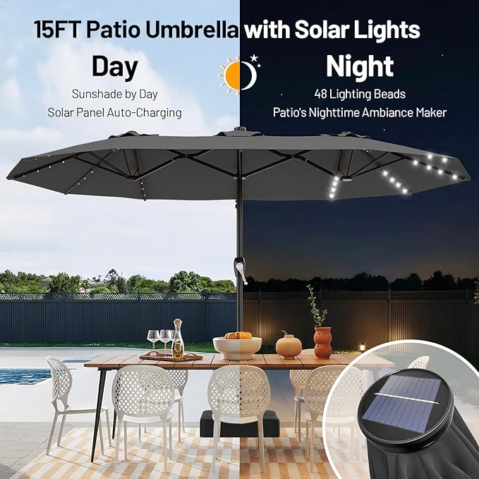 AreShark 15FT Patio Umbrella with Solar Lights, Double Sided Outdoor Table Umbrellas with Crank, Large Rectangular Market Umbrella for Porch, Lawn, Pool, Backyard, Gray