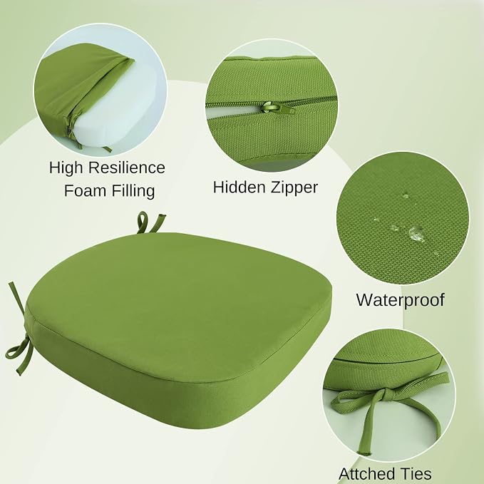 idee-home Outdoor Chair Cushions Set of 2, 19" x 19" x 3" Thick D-Shaped Patio Furniture Outdoor Seat Cushions Waterproof with Ties, Dining Pads