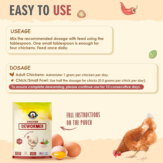Natural Chicken Dewormer Powder, Chili Mix Formula, 1LB XL Pouch, Poultry Wormer for Laying Hens, Egg Safe, Gut Health Support, US-Made for Backyard Flocks