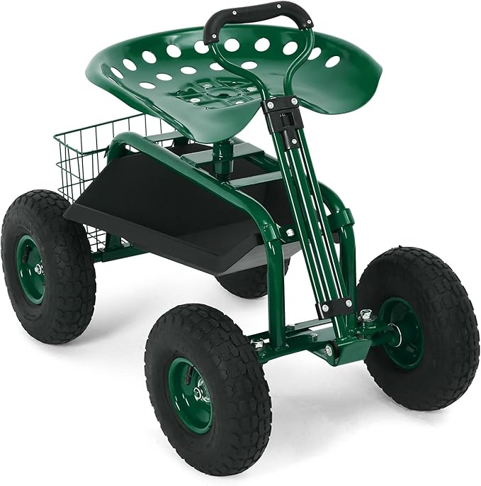 Rolling Garden Work Seat with Wheels, 400lbs Heavy Duty Garden Cart, 360° Swivel Adjustable Height Rolling Stool, Extendable Handle, Storage Basket & Tray for Gardening, Lawn Care, Adults & Seniors