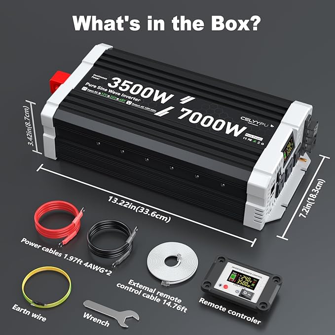 3500 watt Pure sine Wave Inverter, 24V DC to 110V AC Power Inverter, with 3 AC Output sockets, USB Port, Type-C Port, Remote Control with LCD Screen, Used for Solar Emergency Power Supply in RV Homes