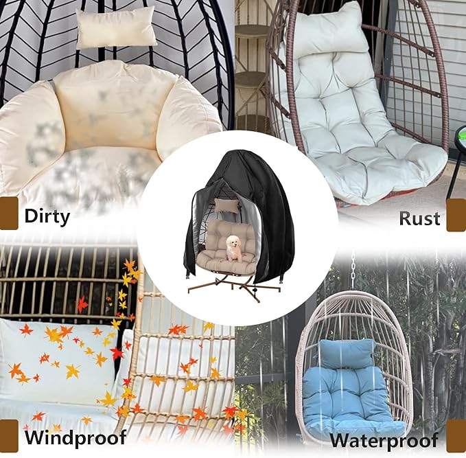 【Upgraded】Patio Egg Chair Covers with Zipper, 91 x 80 Large Wicker Egg Swing Chair Covers, Waterproof Heavy Duty Weather Resisatnt Outdoor Chair Cover, Windproof Hanging Chair Cover, Black, 1 Pack