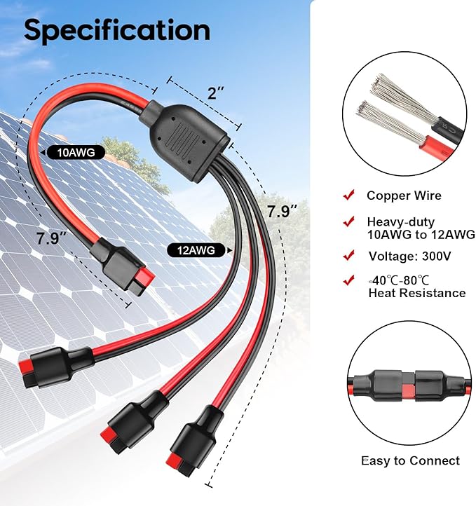 Anderson Y Splitter Cable Solar Panel Connector 1 to 3 Branch Parallel Adapter Cable for Portable Solar Generator Power Station Compatible with GZ Jackery High Power Pole Port Connector