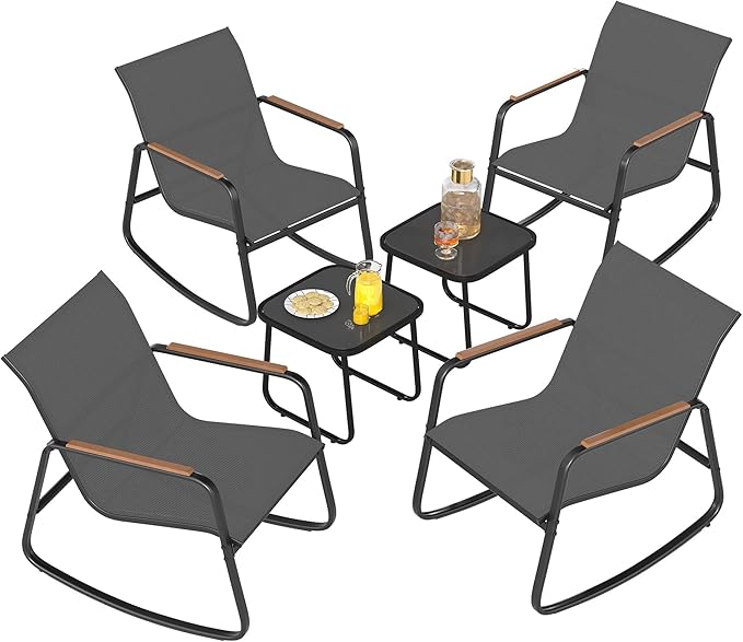YITAHOME 6 Piece Rocking Bistro Set, Outdoor Patio Furniture Set with Wooden Armrests, 4 Porch Chairs with 2 Glass Table for Lawn, Garden, Balcony, Poolside, Dark Gray