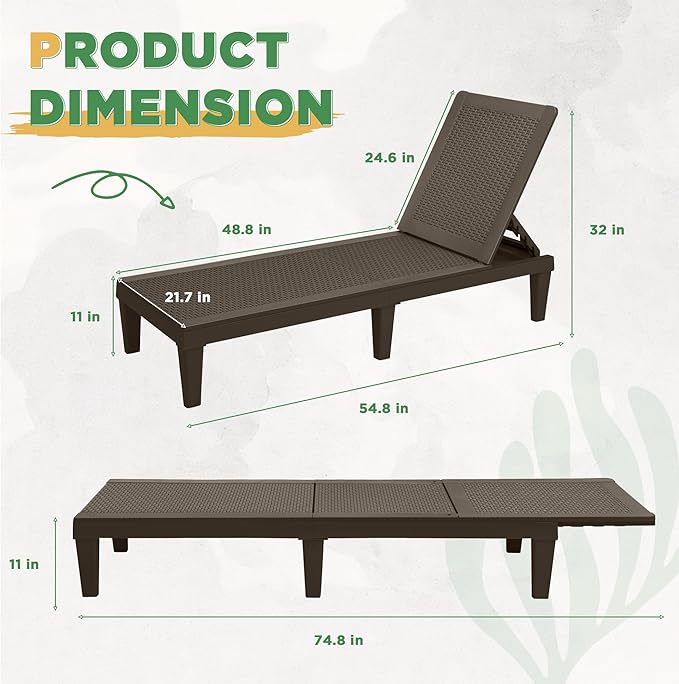 Greesum Outdoor Chaise Lounge Chairs Set of 4 with 5-Position Adjustable Backrest, Waterproof PP Sun Chaise Loungers for Garden Pool Beach Patio Deck Sunbathing, Brown