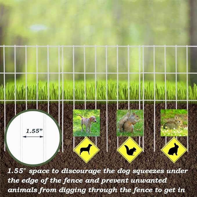 White Animal Barrier Fence 16.5 in (H) X 10.4 ft (L) with 1.55 Inch Spike Spacing, Anti Digging Garden Under Fence Dog Barrier