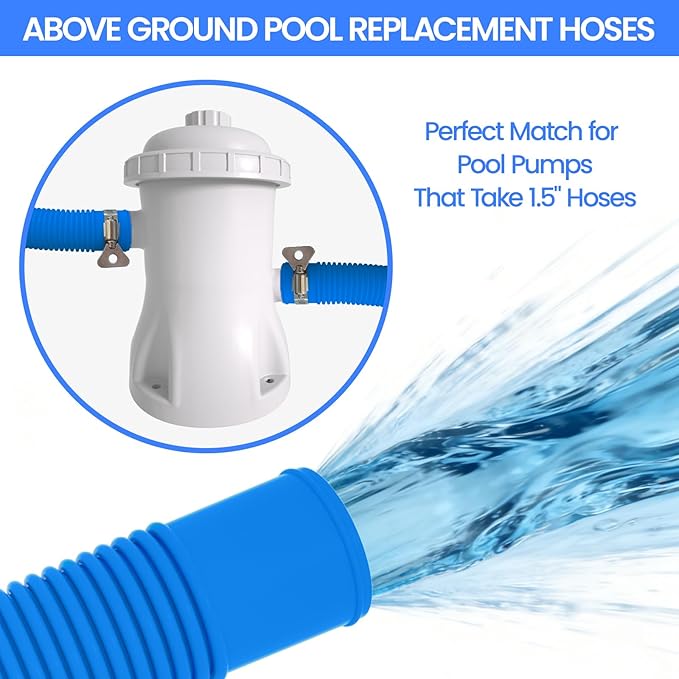 Poolvio 1.5" x 59" Above Ground Pool Hoses, 3-Pack, Blue- Heavy Duty UV Resistant Leak-Proof Replacement Hoses with 6 Metal Thumb Clamps, Perfectly Fits Intex Filter Pumps & Pool Surface Skimmers