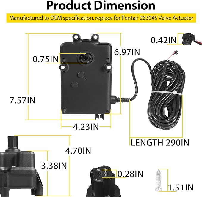 CVA-24T Valve Actuator 3-Port CVA-24T Valve Actuator Compatible with All 24VAC Control Systems, Replacement for Pentair 263045 Valve Actuator, 24 Volt AC, 180 Degree Rotation, 3-Wire, 25-Feet