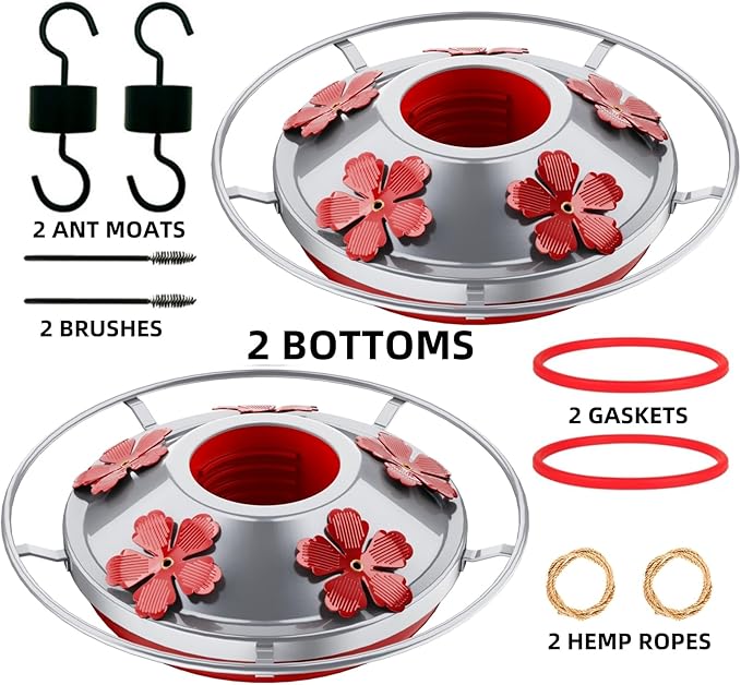 2 Pack Hummingbird Feeder Base Replacement Part Accessories Set - Includes 2 Pcs Bottom Base, Moat Hooks, Seal Rings, Brushes and Hanging Ropes (2, Silver)