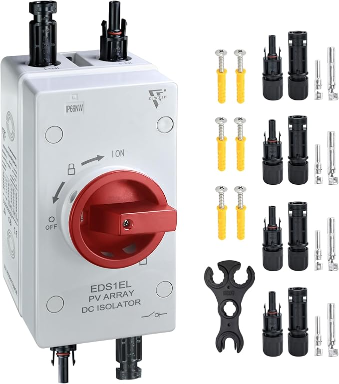 Solar Disconnect Switch 4-Pole DC1500 32A Isolator Solar Switch with Enclosure for Rooftop Solar Systems, RVs and Boat Waterproof IP66 Red 2MC4