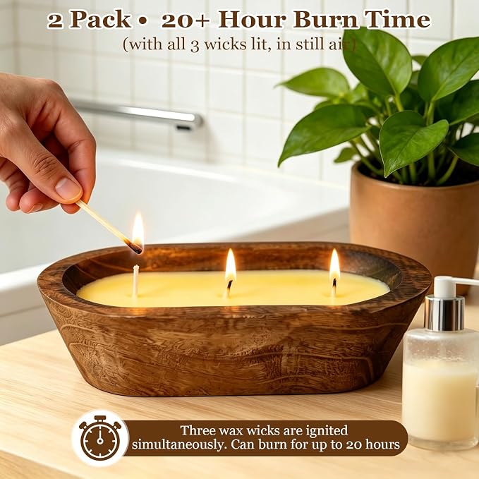 SCENTORINI Citronella Candles, Wood Dough Bowl 2 Pack (35oz), 3 Wicks, Natural Soy Wax Infused with Citronella Essential Oil, Summer Fresh Scent for Outdoor Indoor Patio Camping Balcony