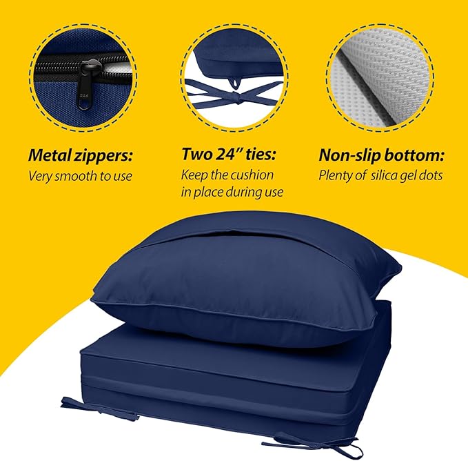 AAAAAcessories Outdoor Seat Cushions for Chairs, Fade-Resistant, Waterproof Patio Furniture Replacement Cushions, 25.5" x 25.5" x 5" + 25.5" x 19", Navy Blue