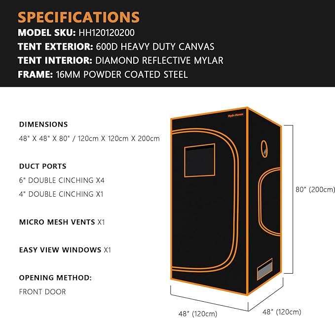 4x4 Grow Tent Kit (48"x48"x80") - Heavy-Duty 600D Diamond Mylar Lining, 98% Reflective, Viewing Window & Waterproof Floor Tray for Hydroponics Indoor Growing